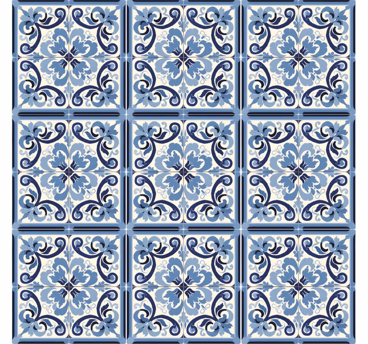 Papel tapiz azulejos patrón floral azul y blanco - TenVinilo