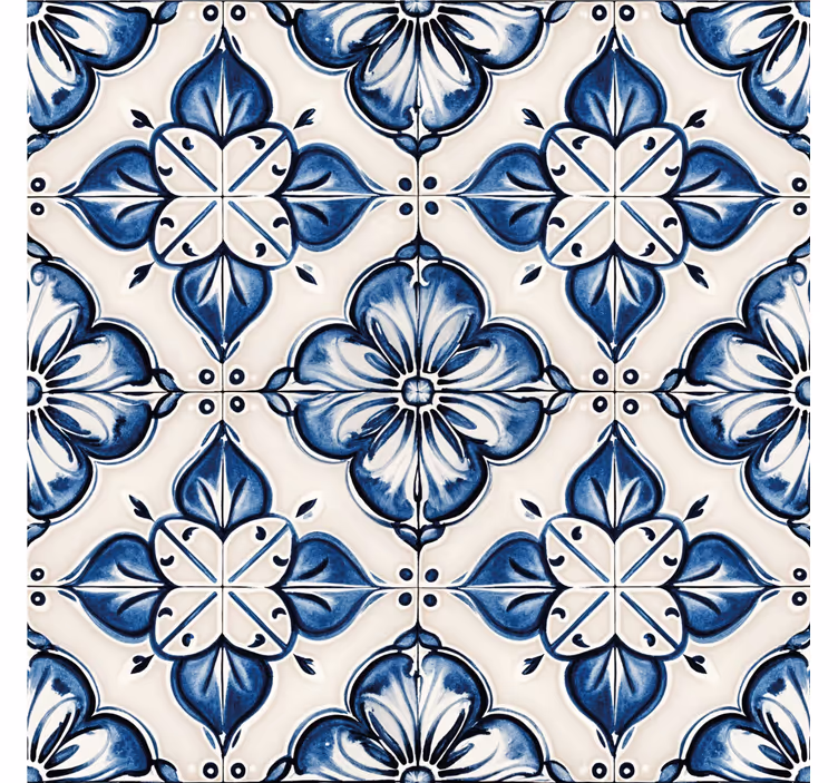 Papel tapiz azulejos patrón floral azul - TenVinilo