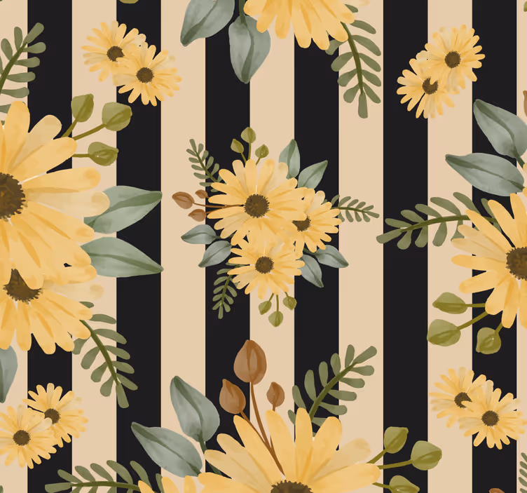 Papel tapiz floral patrón de girasol rayado - TenVinilo