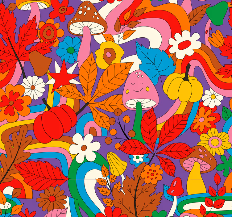 papel pintado de flores patrón psicodélico retro y colorido - TenVinilo