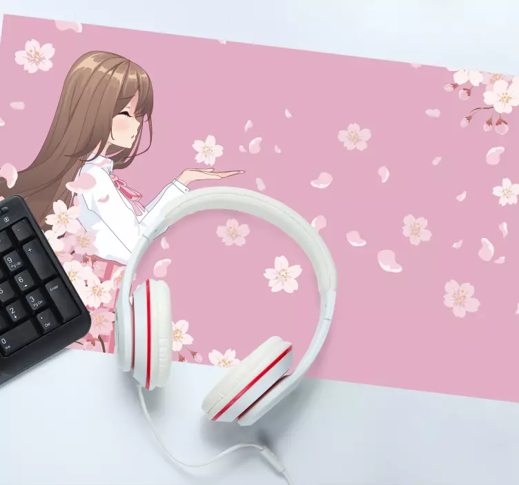 Alfombrilla ratón anime Personaje de cabello rosa con flores - TenVinilo