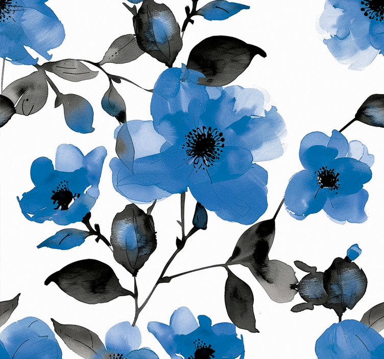 Cortina roller azul con patrón de amapolas azules - TenVinilo