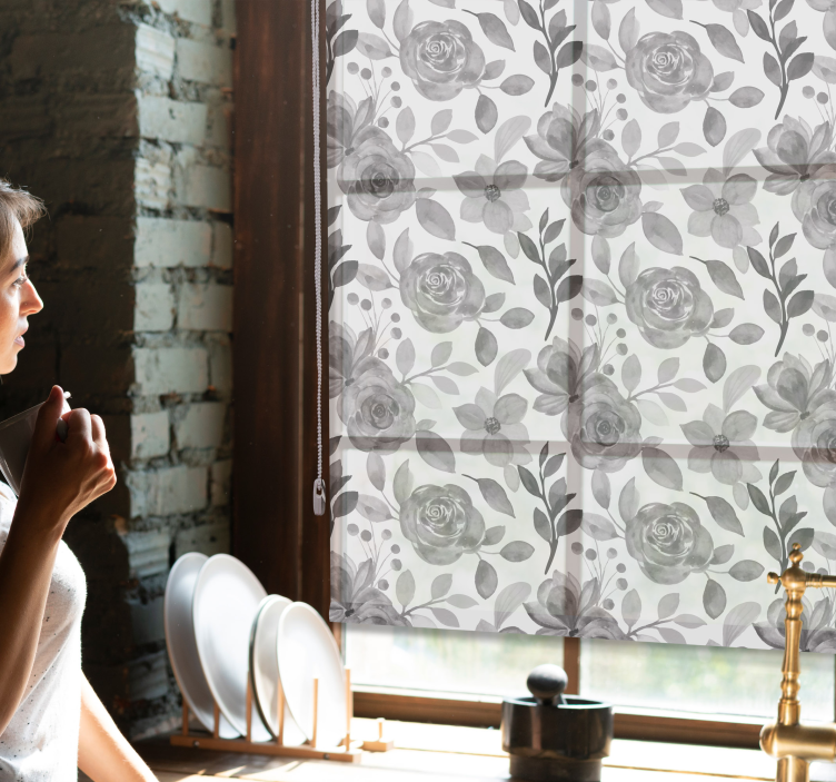 Cortina roller floral elegantes flores grises - TenVinilo