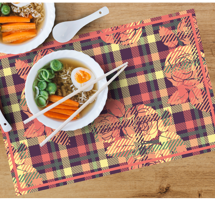 Mantel individual moderno Patrón clásico de cuadros con rosas - TenVinilo