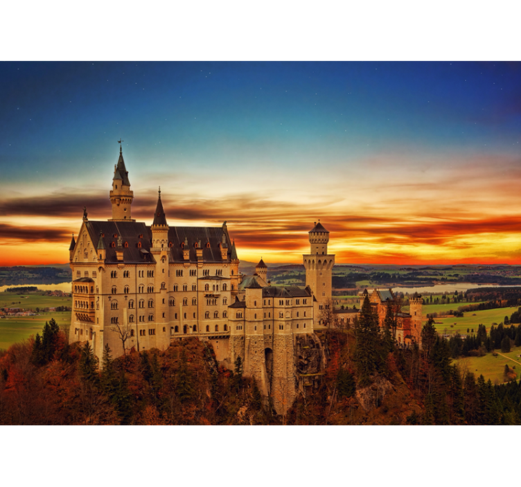 Mural ciudad castillo de neuschwanstein al atardecer - TenVinilo