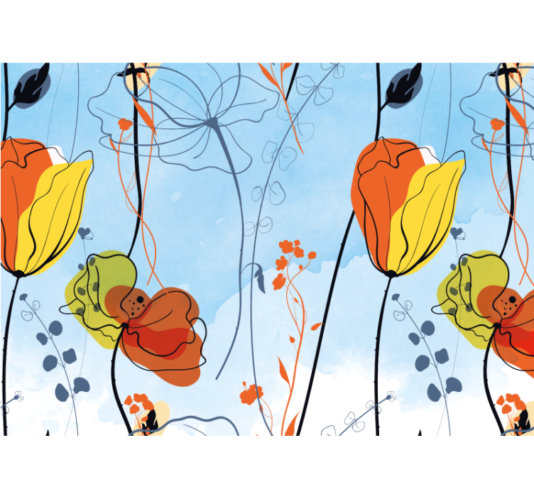 Fotomural 3D Flores naranjas con fondo azul - TenVinilo