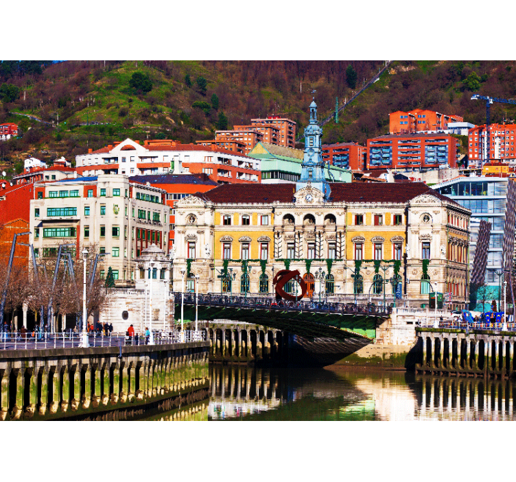 Fotomural de ciudad Río bilbao con casas de colores - TenVinilo