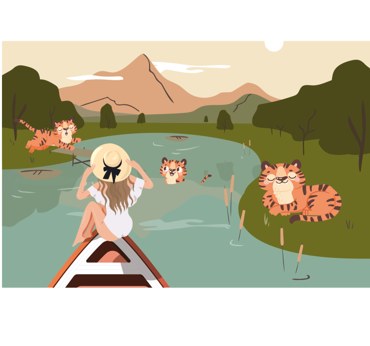 Mural infantil Niña y tigres animales de la selva - TenVinilo