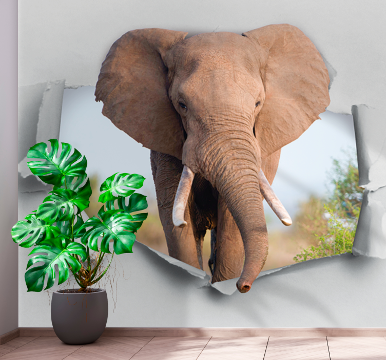 Fotomural 3D Elefante rompiendo la pared - TenVinilo