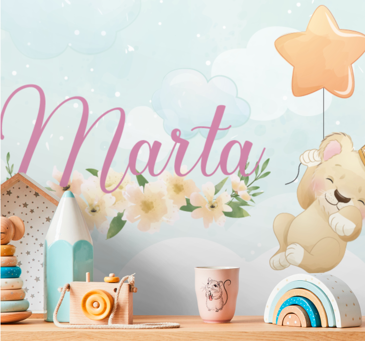 Fotomural para bebés Lindo león para niña con nombre - TenVinilo
