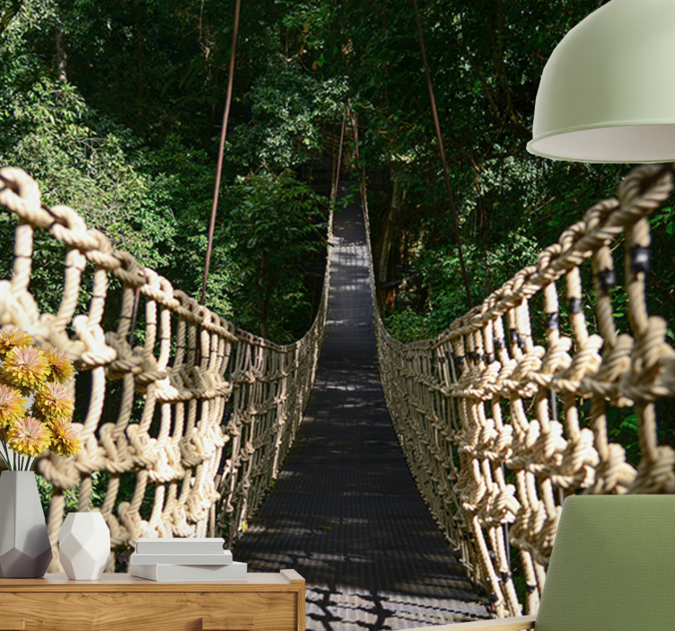 Fotomural de bosque Puente de madera con animales tropicales. - TenVinilo