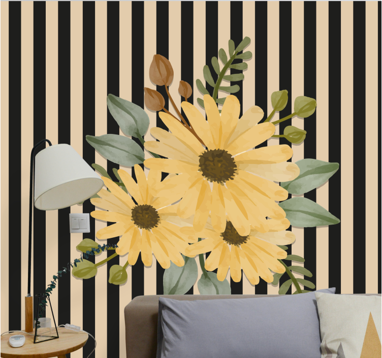 Fotomural flores Girasoles con rayas negras - TenVinilo
