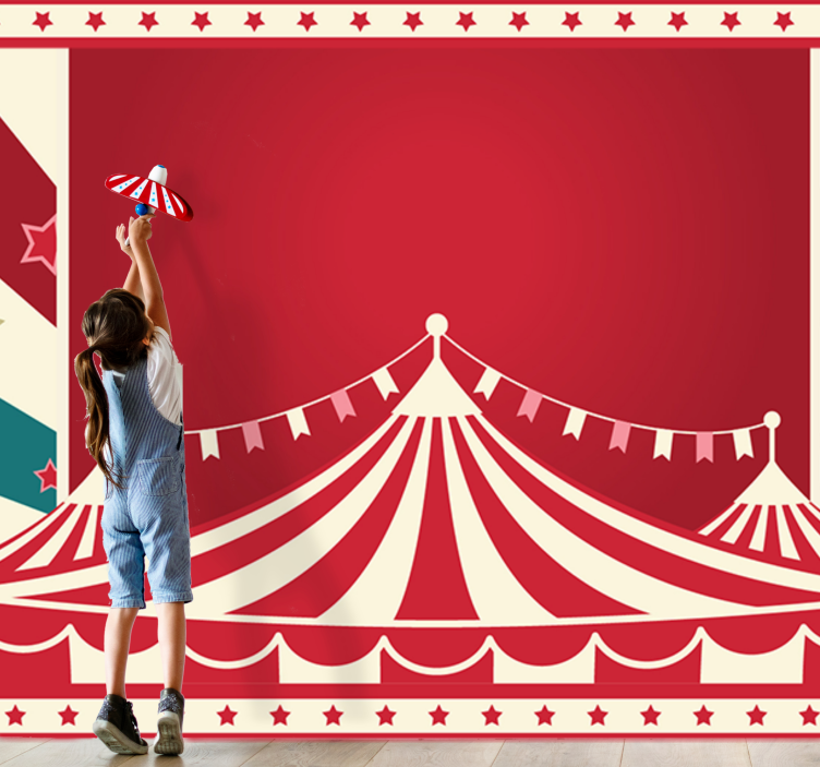Mural infantil Circo de fantasía banner fondo rojo - TenVinilo