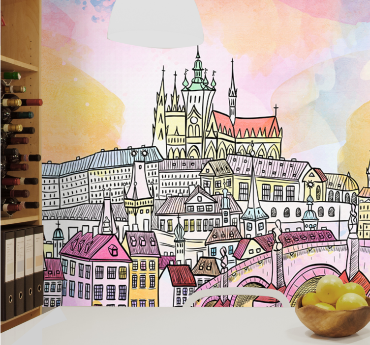 Mural para salón Ilustración de la ciudad de praga al atardecer - TenVinilo