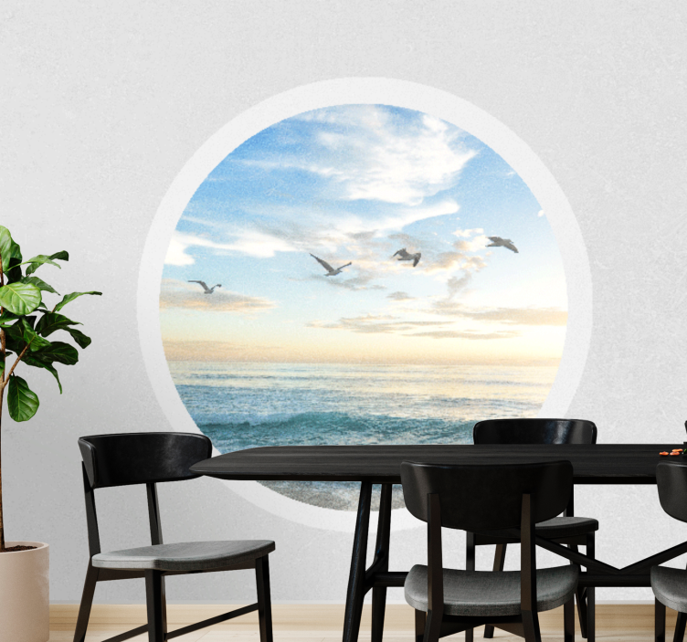 Mural para salón Vista al mar con pájaros en círculo - TenVinilo