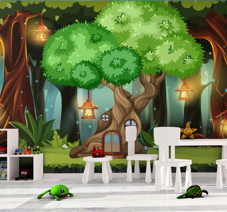 Murales infantiles Casa de árbol de fantasía con linternas - TenVinilo