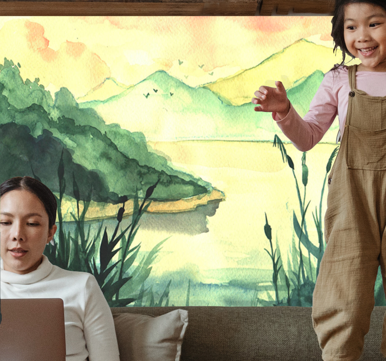 Mural de lago paisaje sereno dibujado a mano - TenVinilo