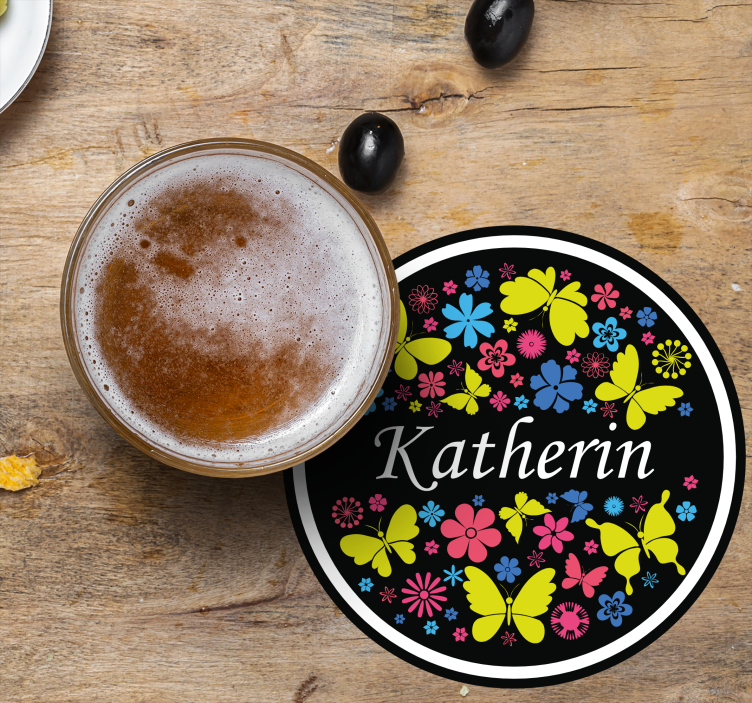 Posavasos personalizable Círculo de mariposas con nombre - TenVinilo