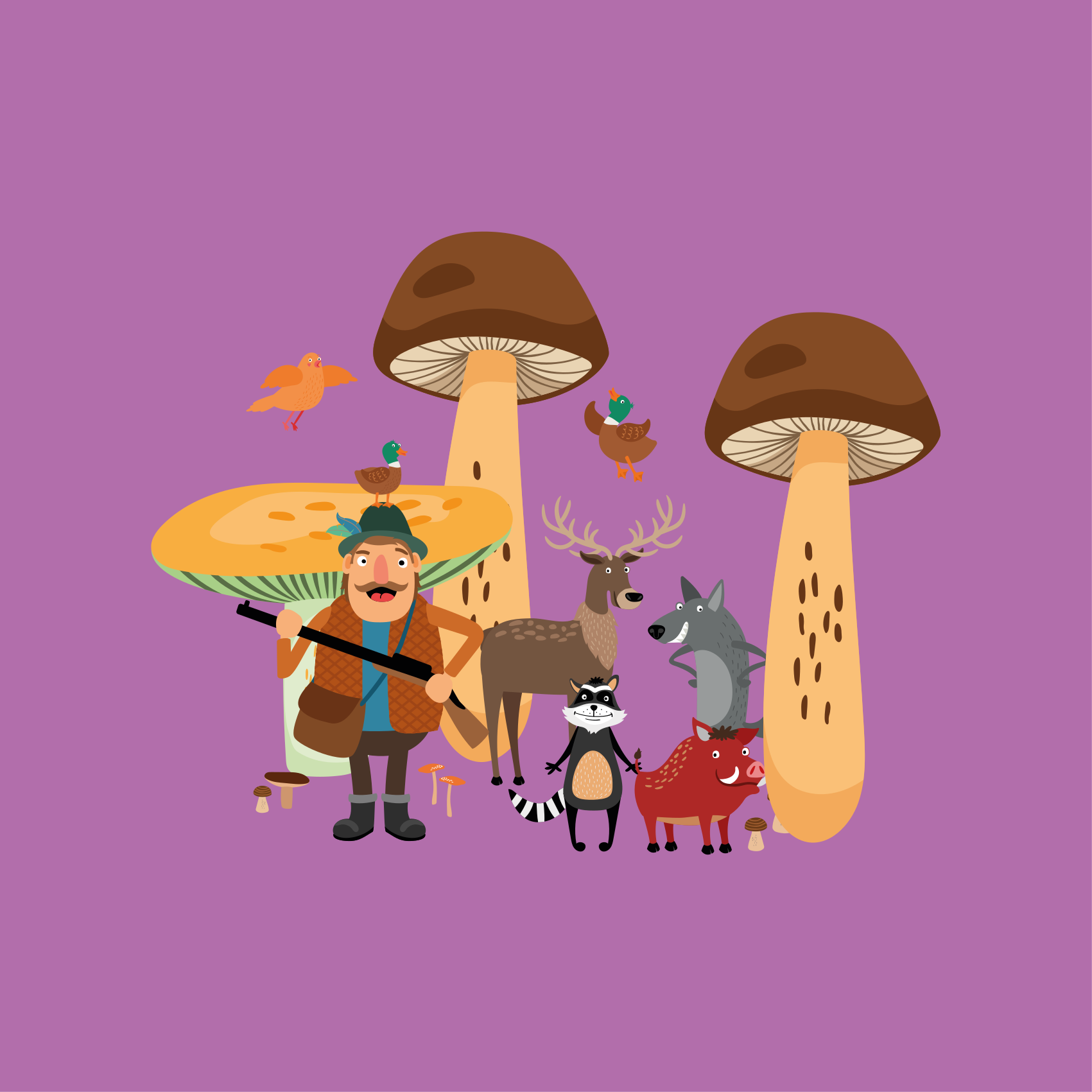 Poster dormitorio infantil aves en el bosque de hongos - TenVinilo