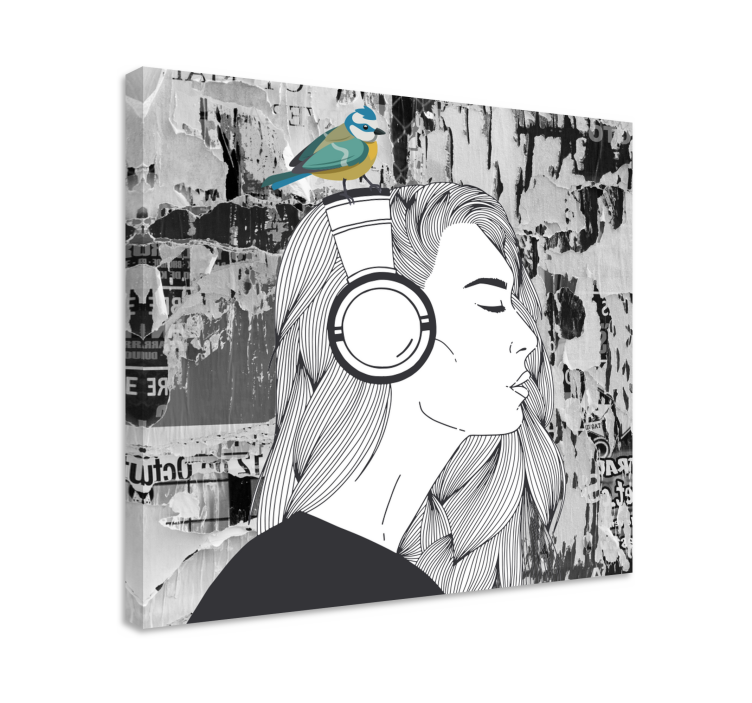 Cuadro en arte Mujer con auriculares y pájaro - TenVinilo