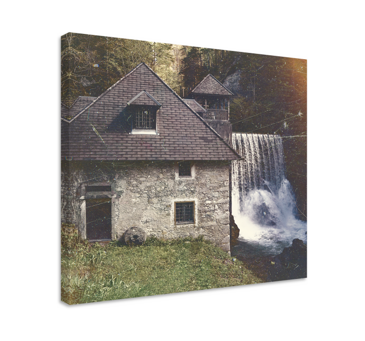 Cuadro paisajes Casa rural con cascada - TenVinilo