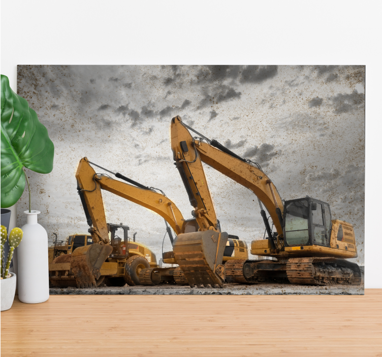Cuadro moderno Excavadora amarilla con piedras grises y cielo - TenVinilo