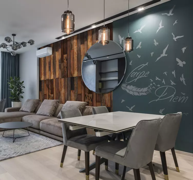 Vinilo pared dormitorio carpe diem pluma y aves - TenVinilo