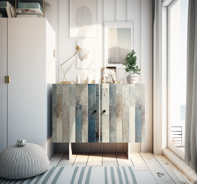 Vinilo para mueble madera envejecida con tonos azules - TenVinilo