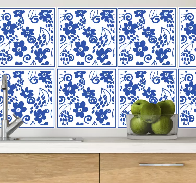 Azulejos adhesivos patrón flores azules - TenVinilo