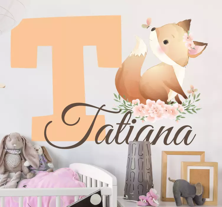 Vinilo habitación infantil Animales lindos zorro con nombre - TenVinilo