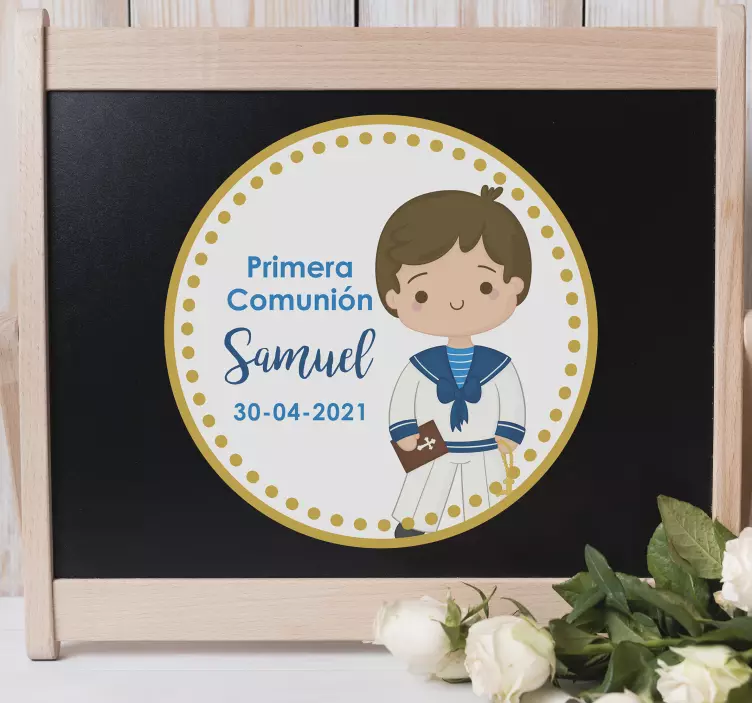 Pegatina comunión niño circular con nombre  - TenVinilo