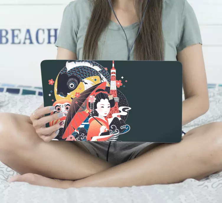 Vinilo para portátiles Bonito y colorido diseño de geisha - TenVinilo