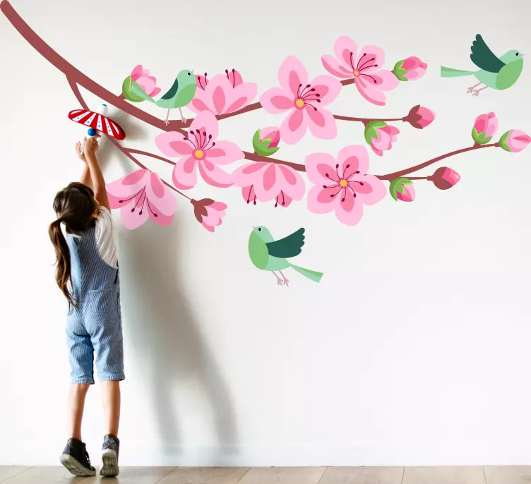 Vinilo flores árbol de primavera con pájaros verdes - TenVinilo