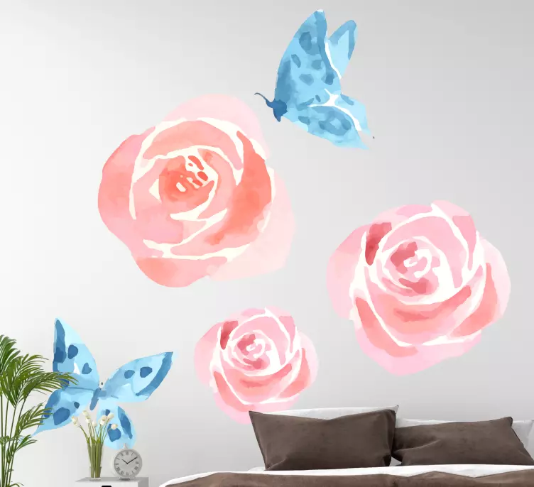 Vinilo flores Rosas rosadas con mariposa azul - TenVinilo
