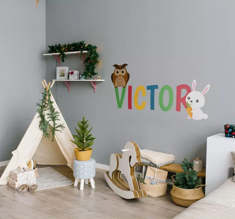 Vinilo pared ilustración Búho conejo nombre personalizado - TenVinilo