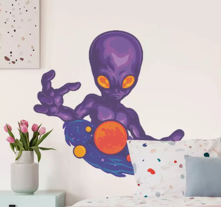 Vinilo espacio extraterrestre morado sosteniendo planetas - TenVinilo