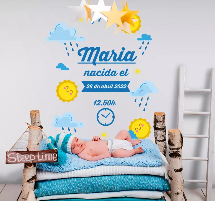 Vinilo infantil información de nacimiento azul con sol - TenVinilo