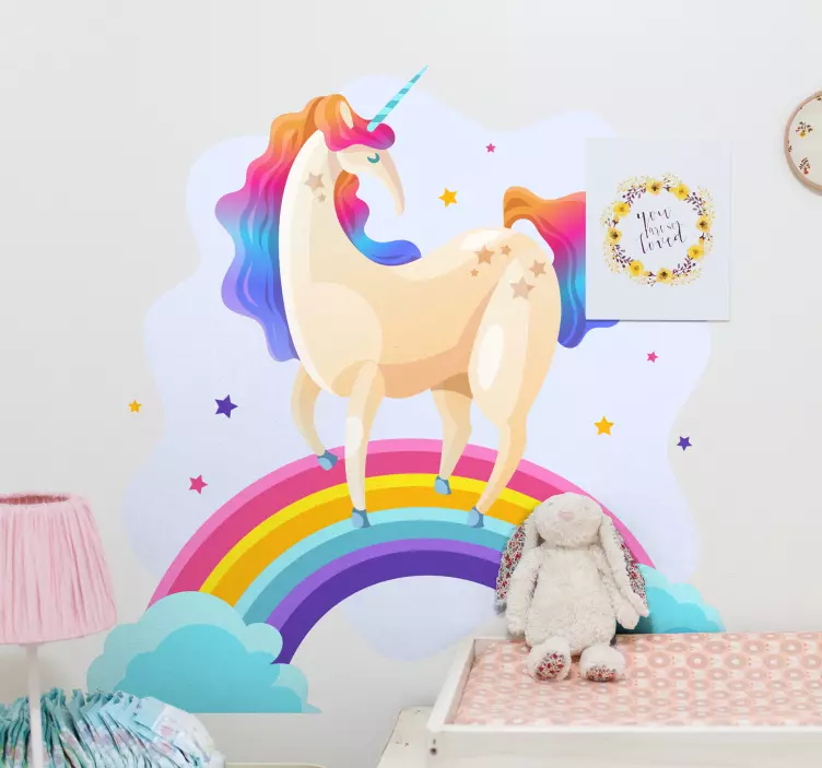 Vinilo infantil paisaje de sueños arcoíris unicornio - TenVinilo
