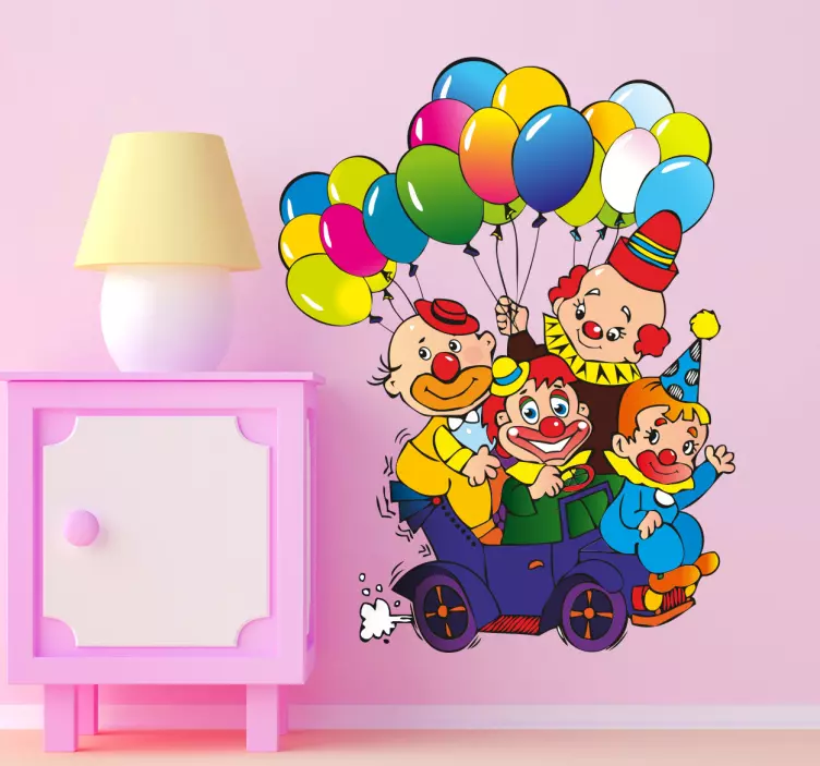Vinilo infantil payasos coche y globos - TenVinilo
