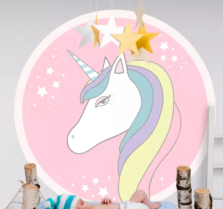 Vinilo infantil rosa unicornio con estrellas - TenVinilo
