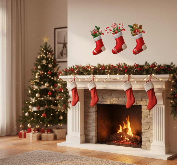 Vinilo navideño regalos de caramelos en medias - TenVinilo