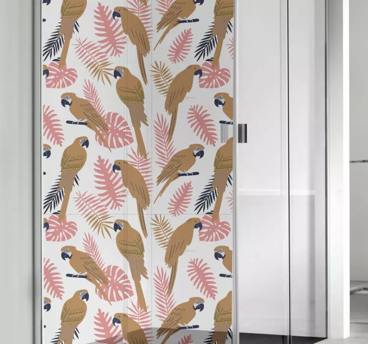 Vinilo mampara ducha Loros naranjas con flores rosas - TenVinilo