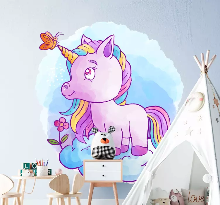 Vinilo infantil unicornio lila con mariposa - TenVinilo