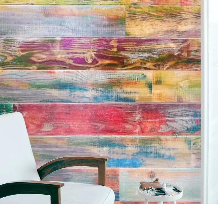 Vinilo pared dormitorio rayas de madera de colores - TenVinilo