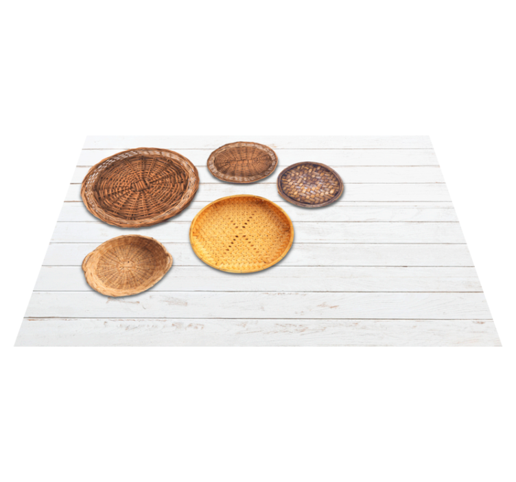 Alfombra vinílica gris cestas de mimbre textura de madera - TenVinilo