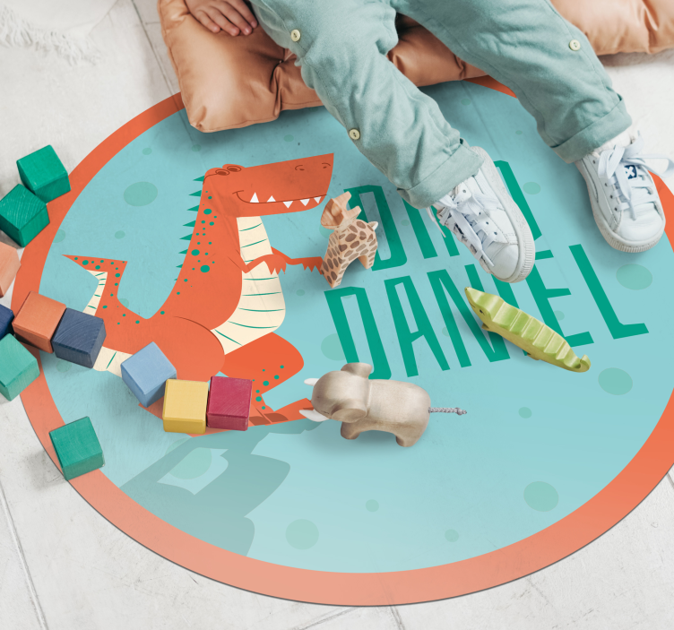 Alfombra vinilo azul infantil T-Rex con nombre - TenVinilo