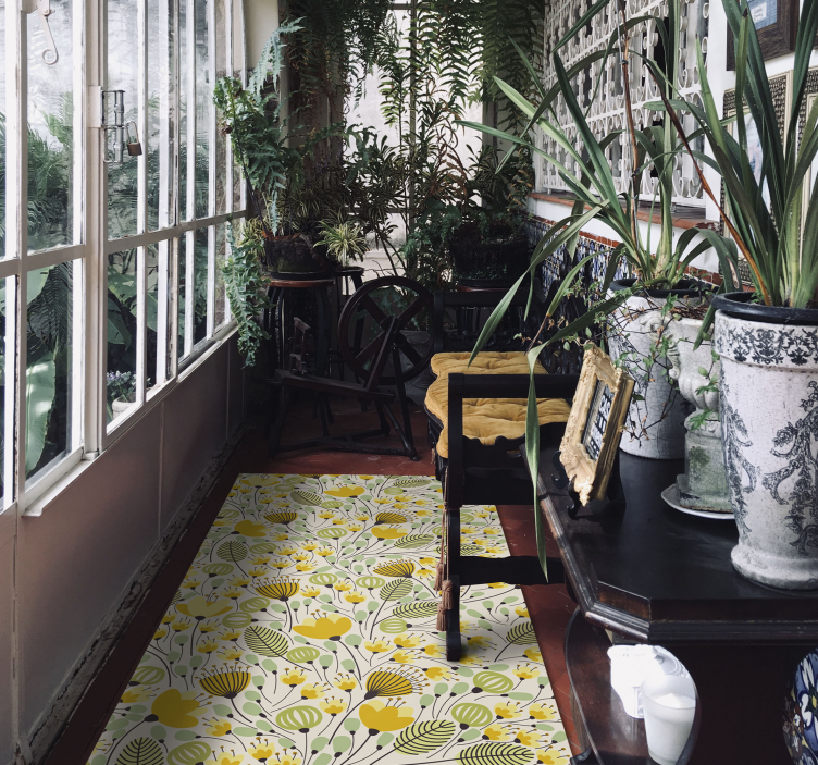 Alfombra vinilo pasillo vintage patrón floral amarillo - TenVinilo