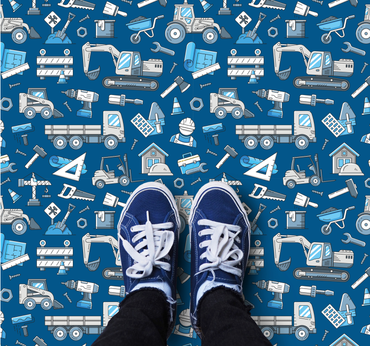 Alfombra vinílica infantil Excavadoras blancas sobre un fondo azu - TenVinilo