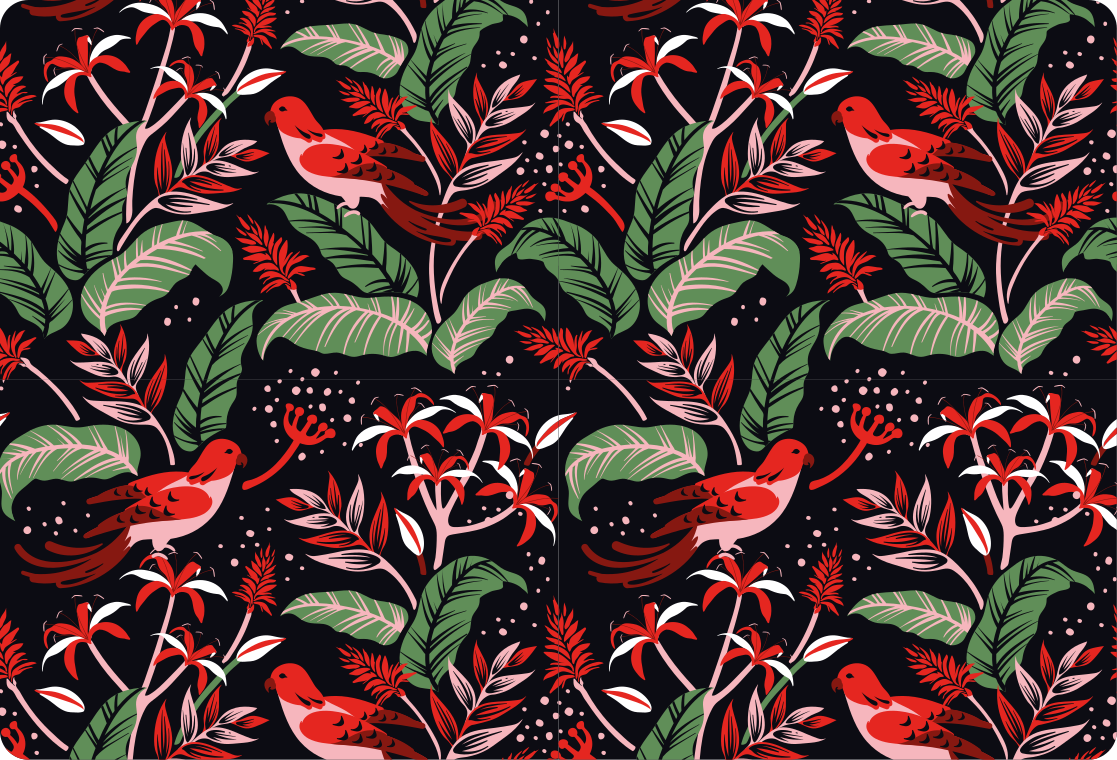 Alfombra vinílica animales con patrón de hojas rojas y rosas - TenVinilo