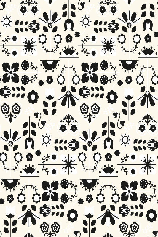 Alfombra vinílica animales patrón folk blanco y negro - TenVinilo